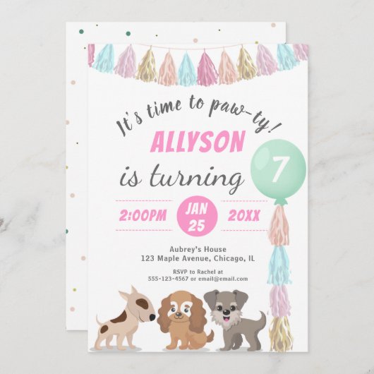 子犬の漫画の犬テーマ子供の誕生日パーティーRSVP 招待状 (正面/裏面)