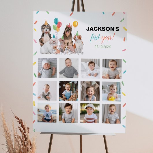 子犬の男の子の誕生日写真マイルストーンサインドッグパーティー ポスター