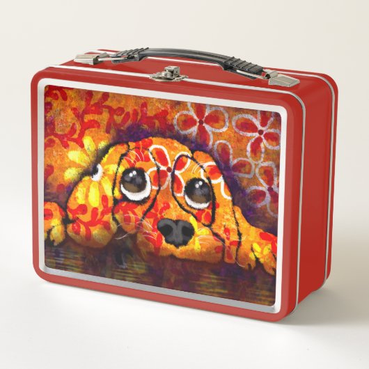 子犬の目の抽象芸術お洒落フローラオレンジ メタルランチボックス (正面)
