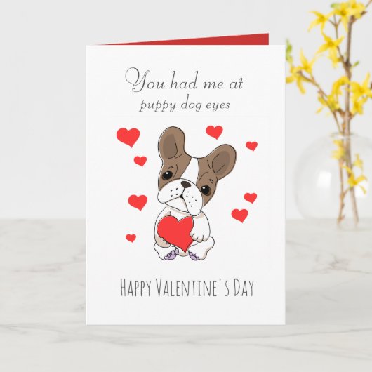 子犬の目をしたハートのバレンタイン カード (黄色い花)