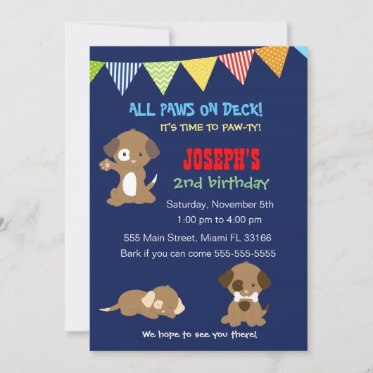 子犬の誕生日の写真の招待状の女の子のピンク 招待状 (正面)