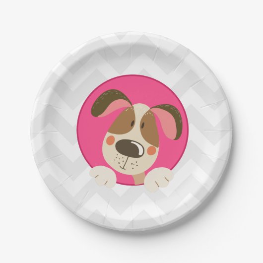子犬の誕生日の紙皿の足tyのピンクの女の子の後をつけて下さい ペーパープレート (正面)