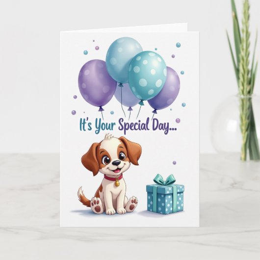 子犬の誕生日バルーンカード カード (正面)