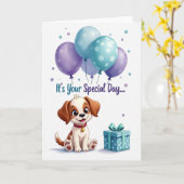 子犬の誕生日バルーンカード カード (黄色い花)