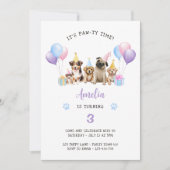 子犬の誕生日パーティパープルウォーター色 招待状 (正面)