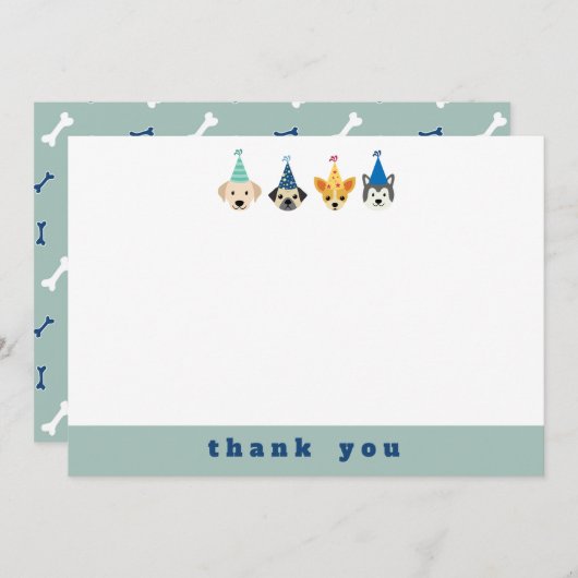 子犬の誕生日パーティーありがとうノートカード サンキューカード (正面/裏面)