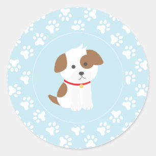 子犬の誕生日パーティーのシール青い前刷り ラウンドシール