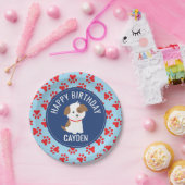 子犬の誕生日パーティーのプレート青い赤い手のプリント ペーパープレート (パーティー)
