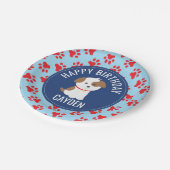 子犬の誕生日パーティーのプレート青い赤い手のプリント ペーパープレート (アングル)