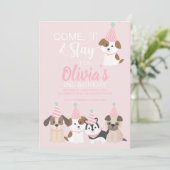 子犬の誕生日パーティーの招待ピンク 招待状 (スタンド正面)