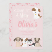 子犬の誕生日パーティーの招待ピンク 招待状 (正面/裏面)