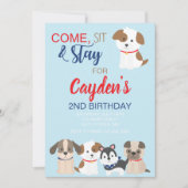 子犬の誕生日パーティーの招待ブルーレッド 招待状 (正面)