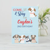 子犬の誕生日パーティーの招待ブルーレッド 招待状 (スタンド正面)