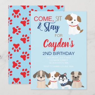 子犬の誕生日パーティーの招待ブルーレッド 招待状