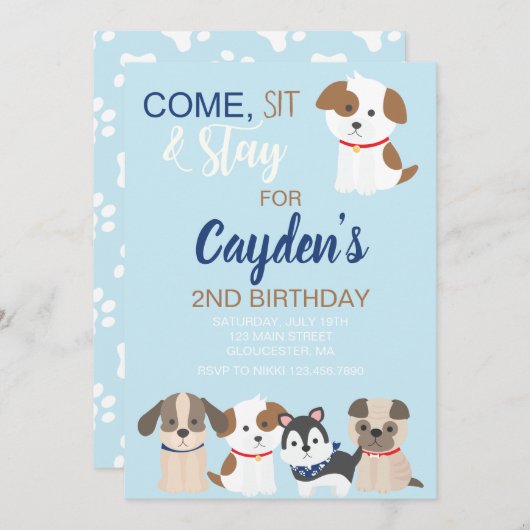 子犬の誕生日パーティーの招待ブルー 招待状 (正面/裏面)