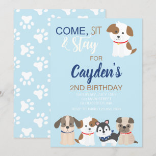 子犬の誕生日パーティーの招待ブルー 招待状