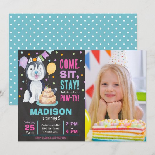 子犬の誕生日パーティーの招待状 写真入り 女の子 パーティー ハスキー 招待状 (正面/裏面)