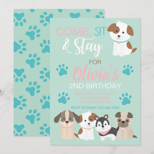 子犬の誕生日パーティーの招待状 招待状 (正面/裏面)