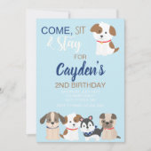子犬の誕生日パーティーの招待状 青 招待状 (正面)