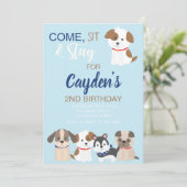 子犬の誕生日パーティーの招待状 青 招待状 (スタンド正面)