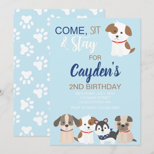 子犬の誕生日パーティーの招待状 青 招待状 (正面/裏面)