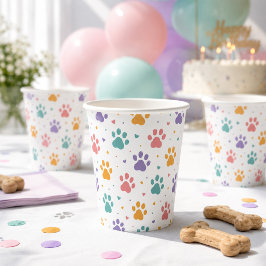 子犬の誕生日パーティーカラフルな足跡プリント 紙コップ