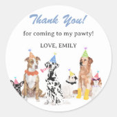 子犬の誕生日パーティーサンキューカード ラウンドシール (正面)