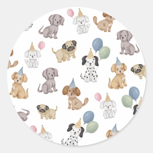 子犬の誕生日パーティーステッカー ラウンドシール (正面)