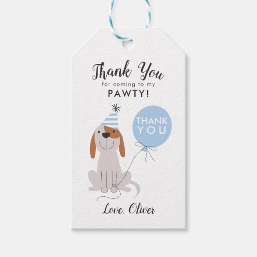 子犬の誕生日パーティーブルーのお願い ギフトタグ (正面)