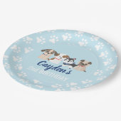 子犬の誕生日パーティープレート青い手のプリント ペーパープレート (アングル)