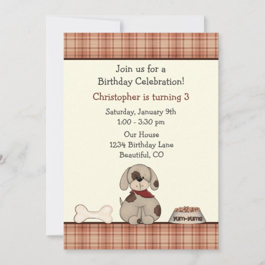 子犬の誕生日パーティー招待状（男の子用） 招待状 (正面)