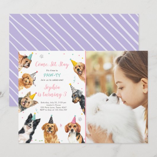 子犬の誕生日パーティー招待 犬パーティー 招待状 (正面/裏面)