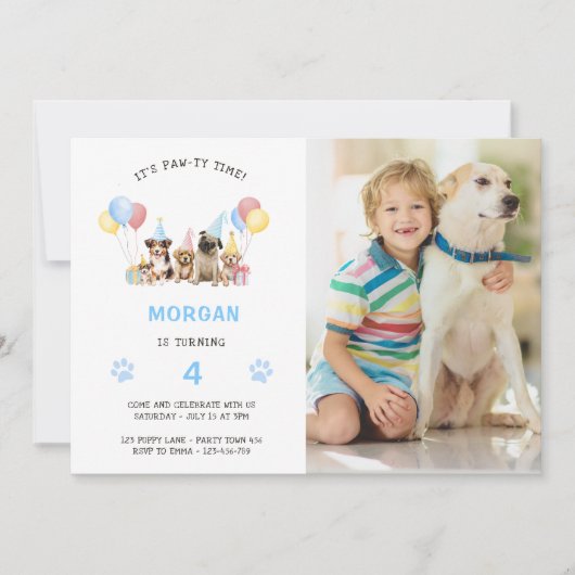 子犬の誕生日パーティー水の色フォトブルー 招待状 (正面)