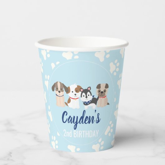 子犬の誕生日パーティー青い足跡 紙コップ (正面)