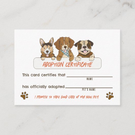 子犬の誕生日パーティー養子証明書カード エンクロージャーカード (正面)