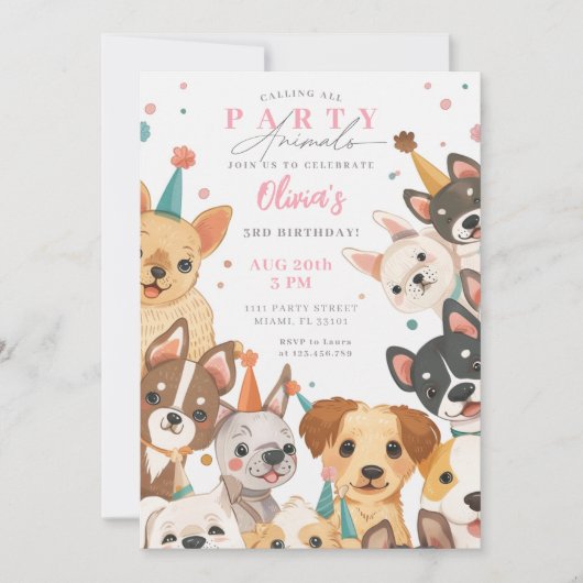 子犬の誕生日パーティー　わんこパーティー　女の子の誕生日 招待状 (正面)