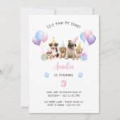 子犬の誕生日パーティー ピンクの水彩 招待状 (正面)