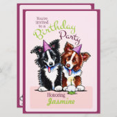 子犬の誕生日パーティー ボーダーコリー 女の子 紫 招待状 (正面/裏面)