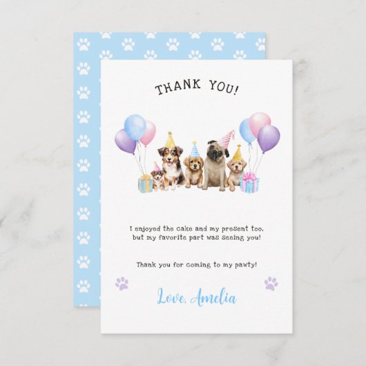 子犬の誕生日パーティー 水彩画のサンキューカード サンキューカード (正面/裏面)