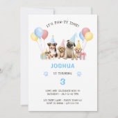 子犬の誕生日パーティー 青い水彩 招待状 (正面)