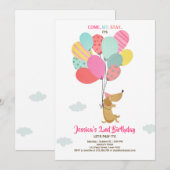 子犬の誕生日招待バルーンガールピンク 招待状 (正面/裏面)