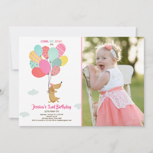 子犬の誕生日招待バルーンガールピンク 招待状 (正面)