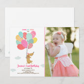 子犬の誕生日招待バルーンガールピンク 招待状 (正面/裏面)