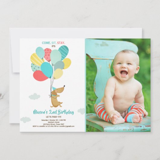 子犬の誕生日招待バルーンボーイブルー 招待状 (正面)