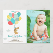 子犬の誕生日招待バルーンボーイブルー