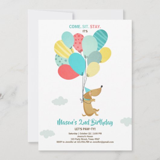子犬の誕生日招待バルーンボーイブルー 招待状 (正面)