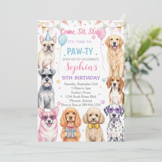 子犬の誕生日招待 犬パーティー パーティーの女の子 招待状 (スタンド正面)