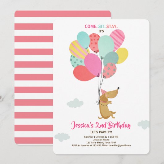 子犬の誕生日誘い風船ガールピンク 招待状 (正面/裏面)