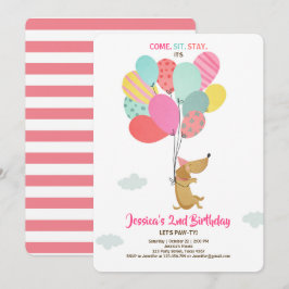 子犬の誕生日誘い風船ガールピンク 招待状
