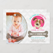 子犬の誘い込みピンクターコイズ 招待状 (正面/裏面)